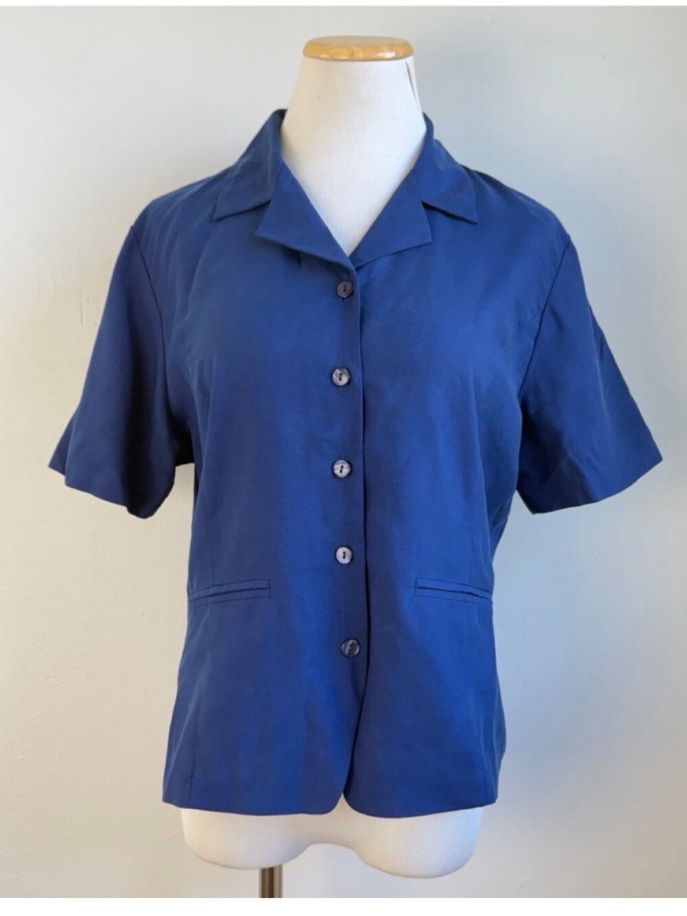 Vintage Navy Blue Silk Blouse Size Medium 90s Button Up Tie Back Waist Top